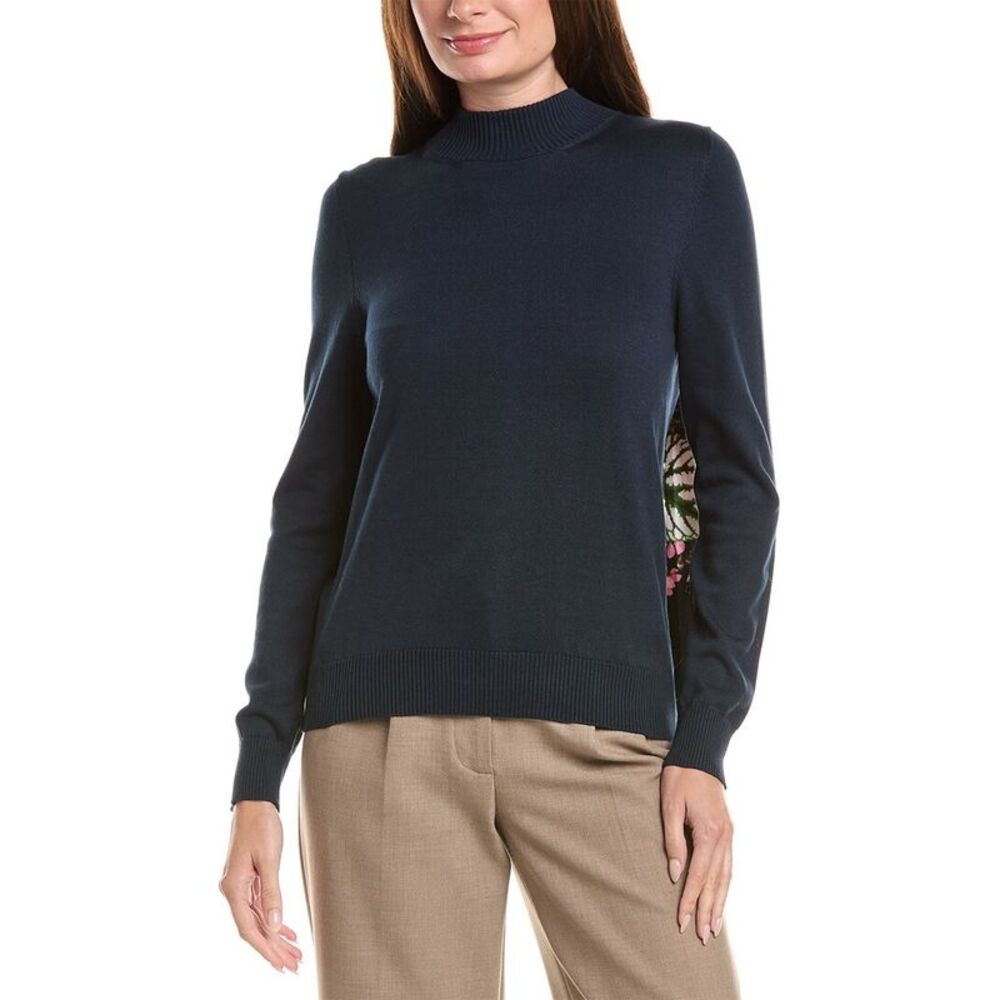 Oscar De La Renta Womens Pleated Jersey Inset Sweater, Blue